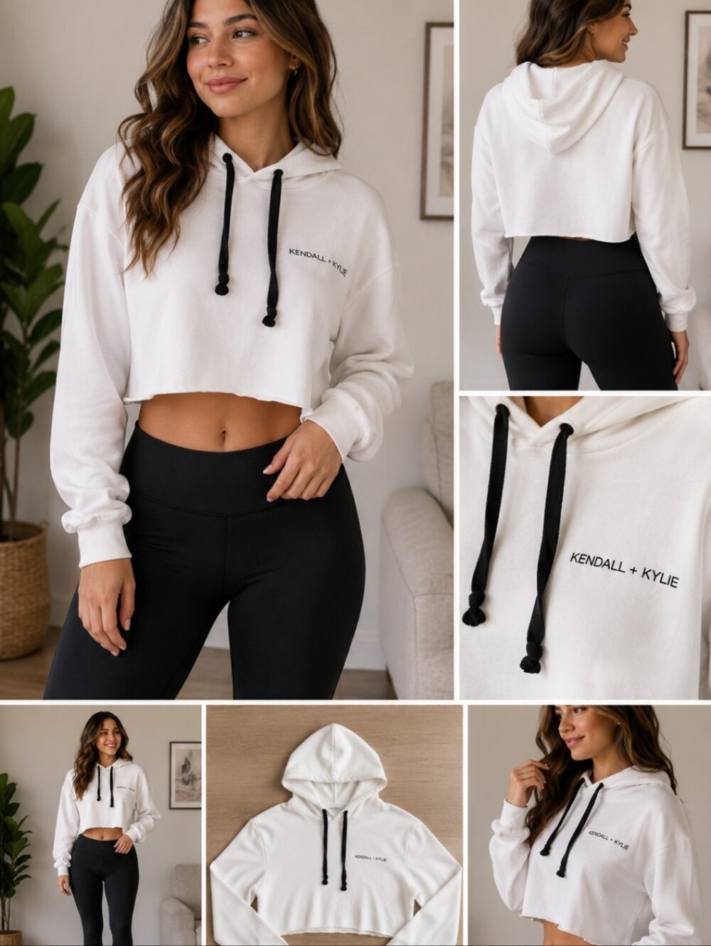 Kendall & Kylie White Cropped Hoodie with Black Drawstrings